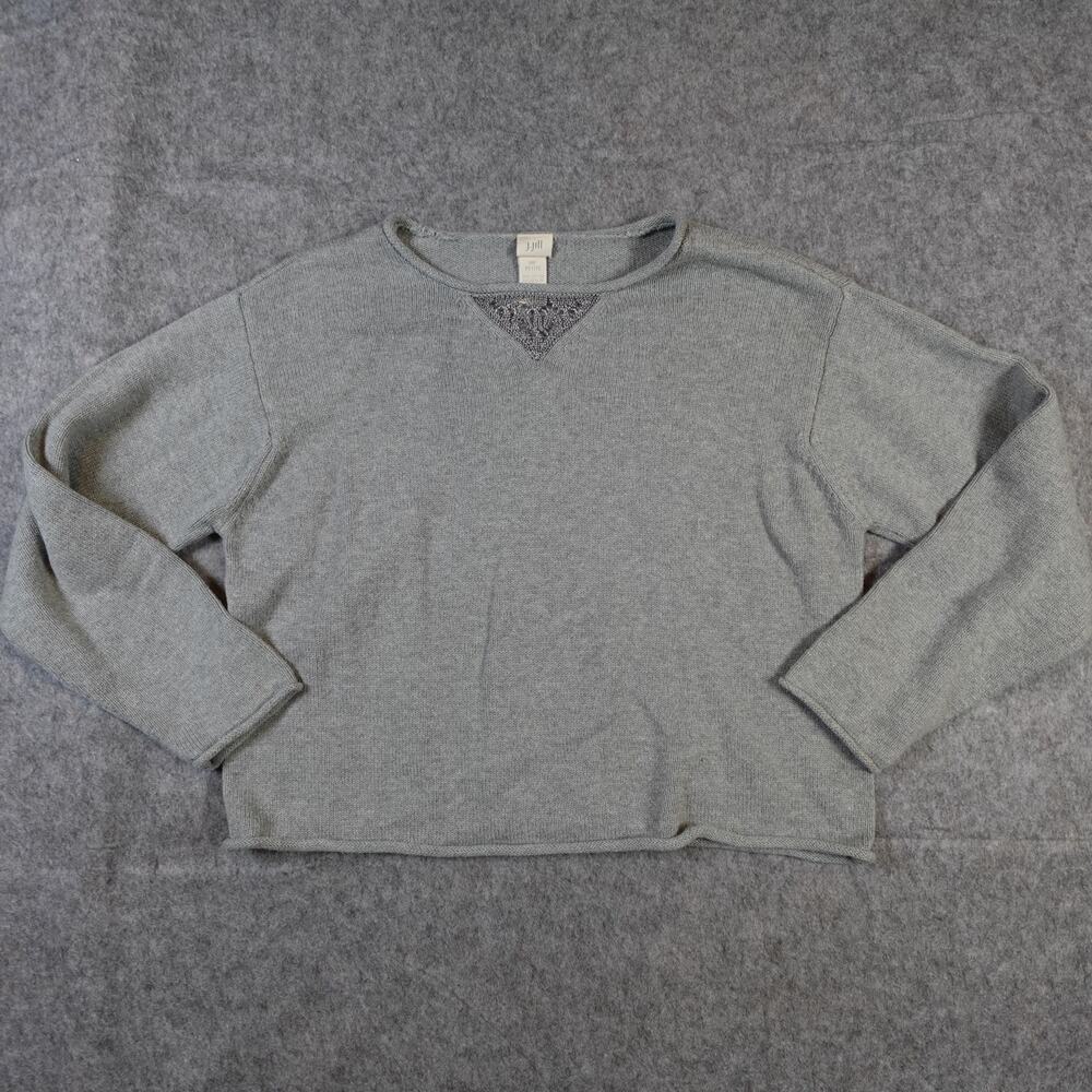 J. Jill Sweater Womens Medium Petite Crew Neck‎ Knit Gray Cropped Boxy Crochet